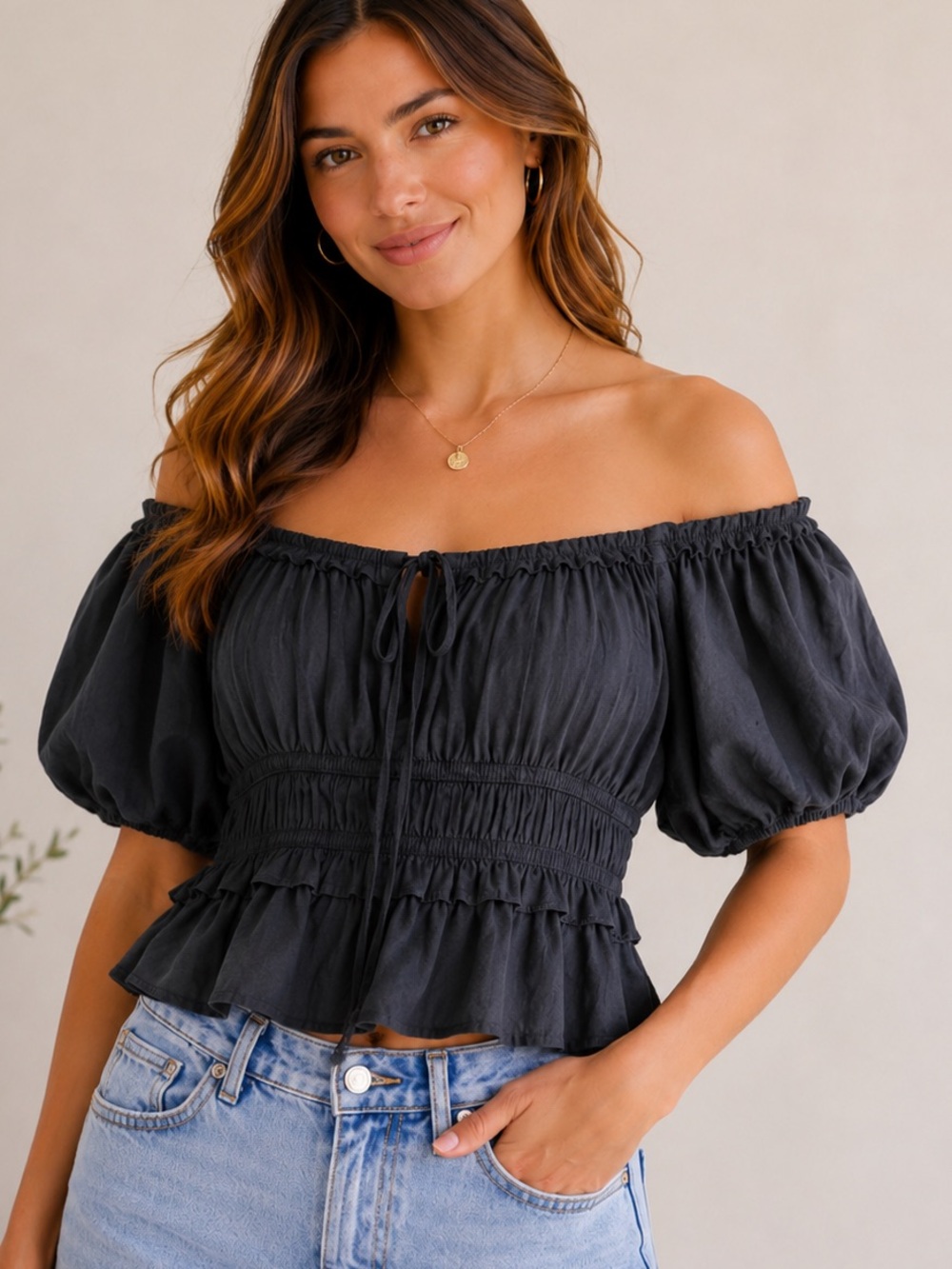 Bluivy Black Puff Sleeve Peasant Blouse